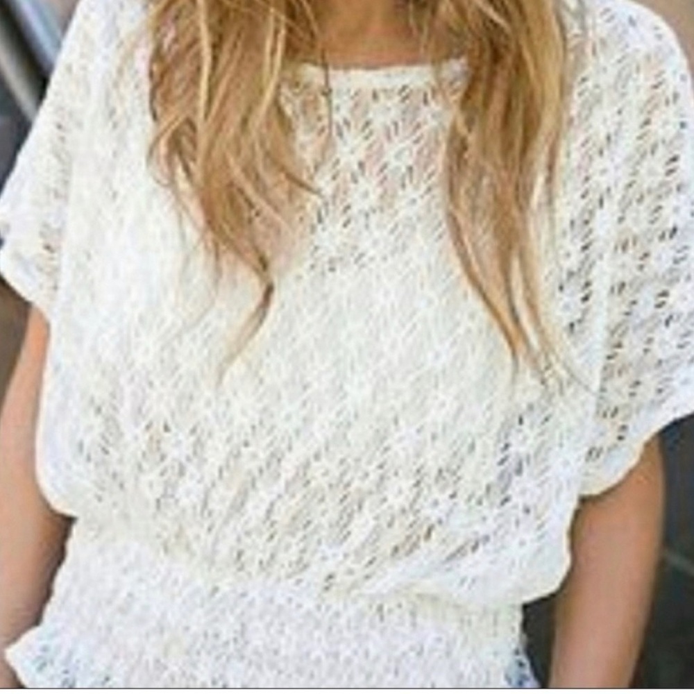 Free People Cream Crochet Short Sleeve Tunic Top